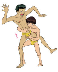 2boys briefs bulge gay grabbing_bulge hand_on_bulge hand_on_crotch male_only matching_outfits matching_underwear molestation neon_genesis_evangelion open_mouth same_clothing shinji_ikari smile speedo squeezing_balls tagme toji_suzuhara underwear yaoi yellow_briefs