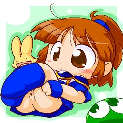 arle_nadja brown_hair bunny_ears carbuncle_(puyo_puyo) chibi compile green_puyo madou_monogatari no_panties ponytail puyo_(puyopuyo) puyo_puyo puyo_puyo_fever sega yellow_eyes