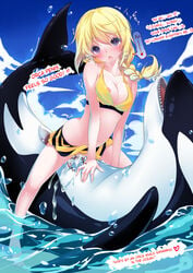 bestiality bikini bikini_aside blonde_hair blush breasts breath cetacean charlotte_dunois cheating cowgirl_position cucked_by_beast cuckold cum female fucked_silly grinding hair hard_translated highres hinasaki infinite_stratos long_hair netorare nipple_slip nipples ntr orca ponytail purple_eyes swimsuit swimsuit_aside text tied_hair tongue torogao translated water whale zoophilia