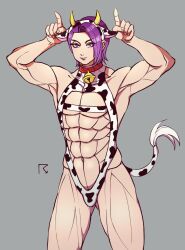 abs ambush_(trap) bulge collar cow_boy cow_ears cow_horns cow_print cow_tail fake_animal_ears kengan_(series) kengan_ashura kirin93 leotard male male_focus male_only muscular muscular_male nikaido_ren purple_hair smile underpec