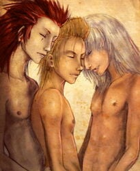 3boys axel_(kingdom_hearts) blonde_hair demyx disney gay kingdom_hearts lowres male male_only multiple_boys red_hair riku silver_hair square_enix topless yaoi