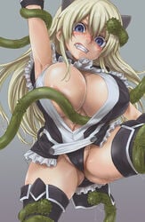 armpits bad_proportions blonde_hair blue_eyes breasts clothing druaga_no_tou fangs fatalpulse fatina gothic_lolita huge_breasts large_breasts lolita_fashion stockings tentacle tentacle_under_clothes the_aegis_of_uruk thighhighs