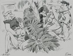 2002 barney_rubble betty_rubble cheating female fred_flintstone hanna-barbera high_heels human julius_zimmerman male monochrome nipples pubic_hair straight the_flintstones wilma_flintstone