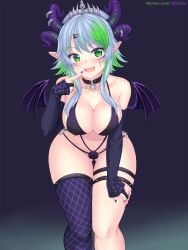 1girls artist_name ass_visible_through_thighs asymmetrical_legwear bare_shoulders bending_forward bending_over bent_over big_breasts blush bra breasts breasts_squeezed_together choker cleavage collarbone detached_sleeves female froot green_eyes green_hair hair_ornament hand_on_own_thigh highres hips horns huge_breasts indie_virtual_youtuber jewelry large_breasts leaning_forward looking_at_viewer multiple_horns nail_polish navel nottytiffy o-ring o-ring_bottom open_mouth painted_nails pale-skinned_female pale_skin panties patreon_username pointing pointing_at_self pointy_ears purple_nails purple_sleeves purple_thighhighs ring short_hair sideboob single_thighhigh slim_waist smile solo squeezing_breasts_together standing thick thick_hips thick_thighs thigh_gap thigh_squish thigh_strap thighhighs thighs tiara tiffynyaa underwear uneven_legwear virtual_youtuber vtuber web_address wide_hips wings