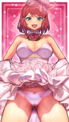 absurdres blue_eyes bra breasts bridal_veil cameltoe cleavage commission dress female flashing flower flower_necklace hair_ornament heart heart_background highres lipstick looking_at_viewer makeup medium_breasts neck_flower official_alternate_costume panties pulling_own_clothes r123 red_flower red_hair red_lips red_rose rose rose_(tales) rose_(wedding)_(tales) short_hair smile solo sparkle_background tales_of_(series) tales_of_asteria tales_of_link tales_of_zestiria underwear veil wedding_dress white_bra white_dress white_panties