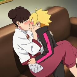 1boy 1girls adult_and_teenager age_difference ai_generated before_sex blonde_hair boruto:_naruto_next_generations brown_hair couch couple cuddling double_bun female indoors kissing living_room male mature_female milf older_female_and_younger_male sex straight tenten uncensored uzumaki_boruto