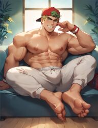 ai_generated big big_breasts daddy dilf feet_fetish gay green green_eyes green_hair jock pale_skin pecs