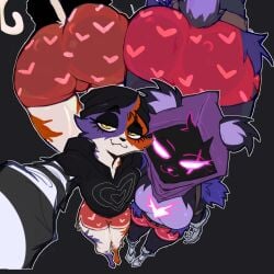 2girls bat_bad beanie booty_shorts clothed fortnite love_heart meow_skulls_(fortnite) raven_team_leader shorts