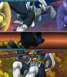 2018 anthro big_breasts black_skin blue_skin breasts cleavage clothed clothing comic digimon digimon_(species) doumon english_text female fur furball mikomon purple_skin pussy renamon taomon text weapon yellow_skin