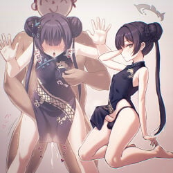 2boys absurdres anal black_dress black_hair black_panties blue_archive braid braided_bun butterfly_hair_ornament china_dress chinese_clothes commentary_request cosplay covered_testicles crossdressing crossdressing_(mtf) cum doodle_sensei_(blue_archive) double_bun dragon_print dress ejaculating_while_penetrated ejaculation erection grabbing_from_behind grey_eyes groping hair_bun hair_ornament heart highres kisaki_(blue_archive) kisaki_(blue_archive)_(cosplay) long_hair male_focus male_penetrated multiple_boys nipple_stimulation nipple_tweak nipple_tweak_through_clothes nipples panties pelvic_curtain penis print_dress projectile_cum sensei_(blue_archive) sex sex_from_behind sleeveless sleeveless_dress trap twintails underwear very_long_hair yaoi yazuka