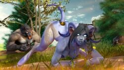 1girls 2boys 3d bellakvo blizzard_entertainment blue_skin draenei female horns jack-o_pose male nude original_character sironis warcraft worgen world_of_warcraft