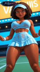 aeon_hill ai_generated aiuniverse56 big_breasts brown_eyes brown_hair cap cleft_of_venus crop_top dark-skinned_female dark_skin dreadlocks female female_only from_below large_breasts miraculous:_tales_of_ladybug_and_cat_noir miraculous_ladybug miraculous_ladybug_new_york pleated_skirt pussy shaved_pussy short_hair short_skirt skirt stable_diffusion sweaty sweaty_body sweaty_skin tennis tennis_court tennis_uniform thick_thighs wide_hips