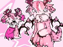 anthro antlers asian_clothing bangs chest_tuft clothing cutie_mark deer dress ears_down east_asian_clothing female feral flower flower_on_head fur genitals half-closed_eyes hasbro hi_res highlights_(coloring) hooves horn japanese_clothing mammal markings my_little_pony narrowed_eyes pattern_background penis pink pink_body pink_fur pivoted_ears plant scut_tail short_tail simple_background sleeves sleeves_past_wrists smile solo spots spotted_markings star tail trans_(lore) trans_woman_(lore) tuft zephyr_:3