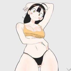 1girl 1girls ahoge akisas99 almost_naked almost_nude arm_behind_head armpit armpit_crease armpit_peek armpits ass_visible_from_the_front ass_visible_through_thighs background big_boobs big_breasts black_panties black_underwear bra breasts brown-eyed_female brown-haired_female brown_eyebrows brown_eyes brown_hair busty busty_female busty_girl curvaceous curvaceous_body curvaceous_female curvaceous_figure curvaceous_hips curvy curvy_body curvy_female curvy_figure curvy_hips exposed grey_background hairless_armpits hand_behind_head hand_on_hip hand_on_own_hip head_tilt hourglass_figure huge_boobs huge_breasts inguinal_crease inguinal_ligament large_boobs large_breasts lean_figure looking_down looking_down_at_viewer monotone_background mostly_nude naked naked_female naked_woman narrow_waist nearly_nude nude nude_female nudity oc one_color_background original original_art original_artwork original_character original_female_character panties peace_sign plain_background plump_breasts practically_nude shaved_armpits sign slender_body slender_waist slim_female slim_waist solid_color_background thigh_gap tilted_head touching_hip underwear v v_sign voluptuous voluptuous_body voluptuous_female voluptuous_figure voluptuous_woman wide_hips yellow_bra yellow_underwear