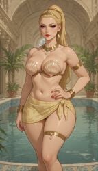 ai_assisted ai_generated antique archway armlet armpit_crease bangle belly_button blonde_hair bracelet cleavage earrings eyelashes female floral_print grok hair_tie half-closed_eyes hand_on_hip hourglass_figure indoor_pool indoors inner_sideboob light_skinned_female lipstick long_hair medium_breasts midriff milf mommy nail_polish necklace one_hand_on_hip palace palm_leaf pearls ponytail poolside potted_plant purple_eyes rgomez007 royal royalty sarong seashell_bra seductive_look self_upload sideboob smiling solo_female stable_diffusion standing swimming_pool thick_eyelashes thick_lips thick_outline thick_thighs tiara warm_colors warm_lighting wide_hips