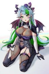 1girls ass ass_visible_through_thighs asymmetrical_legwear big_breasts blue_hair bodystocking bow breasts capelet cleavage crown detached_collar earrings elbow_gloves facial_mark female foxyreine from_above froot full_body garter_straps gloves gradient_background green_eyes green_hair head_tilt heart highleg highleg_leotard highres hips horns huge_breasts indie_virtual_youtuber jewelry lace-trimmed_capelet lace-trimmed_panties lace_trim large_breasts legwear_garter leotard lips long_hair looking_at_viewer mini_crown multicolored_hair navel oerba_yun_fang open_mouth pale-skinned_female pale_skin panties pointy_ears purple_shoes revealing_clothes ring shoes sidelocks sitting skin_fang skindentation solo spider_web_print spiked_legwear_garter streaked_hair thick_thighs thigh_squish thighhighs thighs torn_clothes underwear uneven_legwear very_long_hair virtual_youtuber vtuber wariza wide_hips winged_hair_ornament wings