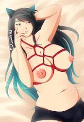 akidearest aqua_hair black_hair bondage breast_bondage breasts long_hair nipples smile two_tone_hair