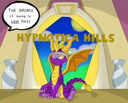 3_toes 4_fingers brainwashing cogs90210 detailed_background dialogue dragon erection hypnosis knot male mattumby mind_control paws penis scalie sitting soles solo speech_bubble spyro spyro_the_dragon text toes vase video_games visor