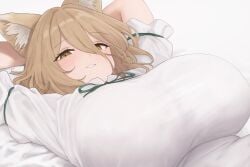1girl alternate_breast_size animal_ear_fluff animal_ears arms_behind_head arms_up blonde_hair blush breasts brown_eyes brown_hair female fox_ears fox_girl green_ribbons hair_between_eyes huge_breasts kudamaki_tsukasa large_breasts light_brown_hair looking_at_viewer lying medium_hair moriforest1040 neck_ribbon on_back parted_lips ribbon romper short_hair short_sleeves simple_background smile solo touhou touhou_project upper_body white_background white_romper yellow_eyes