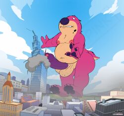 anthro building detailed_background fur genitals hi_res hyena jeffrey_taggart macro male mammal overweight paws penis pink_body pink_fur purple_nose purple_penis skyscraper solo thewilldpink watermark