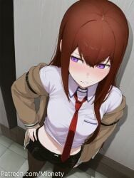ai_generated artist_name belt black_pantyhose black_shorts blush breasts brown_coat brown_hair brown_jacket closed_mouth coat collared_shirt cowboy_shot crop_top cropped_shirt denim_shorts embarrassed female from_above frown hair_between_eyes hand_on_own_hip hands_in_pockets indoors jacket long_hair long_sleeves looking_at_viewer makise_kurisu medium_breasts micro_shorts midriff mionety navel necktie nose_blush off_shoulder open_clothes open_fly open_jacket panties pantyhose pantyhose_under_shorts patreon_username purple_eyes red_necktie shirt short_shorts shorts sidelocks small_breasts solo standing steins;gate stomach sweat sweatdrop tile_floor tiles underwear white_shirt