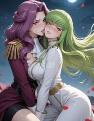 2girls ai_generated bangs big_breasts blush breasts c.c. cheek_lick code_geass cornelia_li_britannia couple duo epaulettes female/female female_only floating_hair green_hair half-closed_eyes half_updo head_tilt legs licking licking_cheek lips long_hair looking_at_viewer love moon multiple_females multiple_girls mutual_yuri night night_sky open_mouth outdoors parted_bangs parted_lips petals purple_eyes purple_hair purple_suit red_petals romantic romantic_couple sitting skin_tight sky straight_hair sweat sweatdrop thighs tongue tongue_out uniform waifuxart wavy_hair white_suit yellow_eyes yuri
