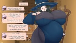 witch witch_(witch_tower) witch_hat witch_costume 1girls female female_only female_focus dialogue breasts boobs breast_expansion belly_expansion belly_inflation expansion inflation comic text english_text hitama thick_thighs light_skin black_hair gigantic_breasts gigantic_belly