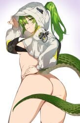 arknights arknights:_endfield ass bottomless breasts closed_mouth commentary cowboy_shot female fluorite_(arknights:_endfield) from_behind gradient_background green_eyes green_hair hair_between_eyes hair_ornament hair_through_hood hairclip hand_on_own_hip hand_up highres hood hood_up hooded_shrug long_hair long_sleeves looking_at_viewer looking_back medium_breasts nashidrop paid_reward_available ponytail shrug_(clothing) smile snake_tail solo tail white_shrug