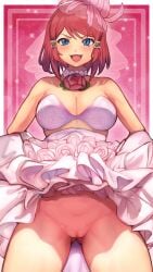 absurdres blue_eyes bra breasts bridal_veil censored cleavage commission dress female flashing flower flower_necklace hair_ornament heart heart_background highres lipstick looking_at_viewer makeup medium_breasts mosaic_censoring neck_flower official_alternate_costume pulling_own_clothes pussy r123 red_flower red_hair red_lips red_rose rose rose_(tales) rose_(wedding)_(tales) short_hair smile solo sparkle_background tales_of_(series) tales_of_asteria tales_of_link tales_of_zestiria underwear veil wedding_dress white_bra white_dress
