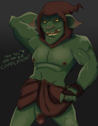 big_penis circumcised goblin goblin_male green_skin hood looking_at_viewer male_only muscular nipples partially_clothed pointy_ears short showing_off solo speech stocky styx_(of_orcs_and_men) styx_(video_game_series) text