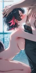 ai_generated black_hair blue_jeans blush breasts ellen_joe faceless_male fellatio indoors kneeling male nude oral_sex profile red_eyes red_highlights saliva sharp_teeth shineinsfw side_view sucking sweat wet zenless_zone_zero