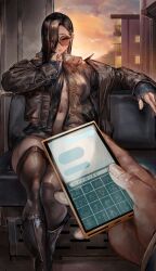 1boy abs abs_peek absurdres boots breasts building cellphone character_request cleavage cloud cloudy_sky commentary_request crossed_legs female fingerless_gloves glasses gloves hair_over_one_eye highres jacket large_breasts looking_at_viewer original partially_unzipped phone sitting sky skyline smartphone soleil_(soleilmtfbwy03) sunglasses sunset text_messaging thighhighs thighs tinted_eyewear train_interior undressing unzipped vent_(object)