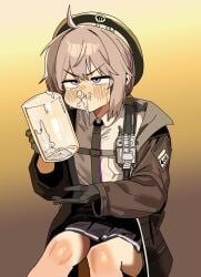 absurdres ahoge black_gloves black_hat black_necktie black_skirt blush brown_jacket cheek_bulge chest_strap chewing cheyanne_(girls'_frontline_2) closed_mouth commentary cum cum_in_container cum_in_cup cum_in_mouth cup english_commentary female flat_chest girls'_frontline girls'_frontline_2:_exilium gloves gokkun grey_hair hair_between_eyes hat highres holding holding_cup jacket knees m200_(girls'_frontline) medium_hair miniskirt mug necktie open_clothes open_jacket pleated_skirt ponytail purple_eyes rolling_eyes ruppu shirt sitting skirt snot solo stray_pubic_hair teardrop walkie-talkie white_shirt