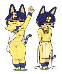 2girls anger_vein animal_crossing animal_ears ankha_(animal_crossing) anthro areolae armpit_fetish avoiding_eye_contact blue_hair blush cat_ears catgirl embarrassed embarrassed_naked_female embarrassed_nude_female enf female fishhh furry hands_behind_back medium_breasts naked navy_blue_hair necklace nude partially_clothed paws plain_background pubic_hair pussy raised_arm simple_background skinny skinny_female slightly_chubby slightly_chubby_female small_breasts sweat tail thick_thighs topless yellow_body yellow_skin