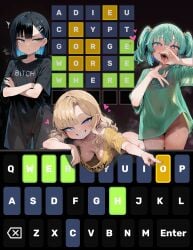 3girls ai_generated anilingus_gesture areola_slip arms_crossed aroused black_background black_hair black_shirt blonde_hair blue_inner_hair blush bob_cut crossed_arms downblouse english_text fake_screenshot fellatio_gesture female flat_chest green_hair green_shirt grey_eyes grin hands_up hanging_breasts heart heart-shaped_pupils horny jiggies leaning_back leaning_forward long_hair looking_to_the_side loose_shirt medium_breasts narrowed_eyes no_bra no_panties noodle_jacuzzi open_mouth oral_invitation oversized_shirt parody peek pent-up pervert phone_screenshot pointing pout pouting presenting profanity pussy rimjob_gesture seductive see-through see-through_silhouette short-sleeved_shirt short_hair short_twintails smile squint steaming_body sweat syrup_town t-shirt tongue tongue_out trembling twintails uncensored upper_body_only wavy_hair white_hairclip wordle yellow_shirt