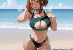 ai_generated beach bikini blue_sky blush_stickers boku_no_hero_academia breasts brown_eyes brown_hair choker cleavage clothing_cutout cloud day female large_breasts looking_at_viewer meitabuu my_hero_academia navel navel_piercing ocean ochako_uraraka outdoors parted_lips piercing short_hair sky solo sweat swimsuit uraraka_ochako