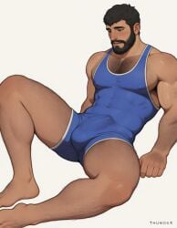1boy ai_assisted arm_hair aslan_(thumosx) bara beard black_hair blush body_hair brown_eyes chest_hair dark-skinned_male erection_under_clothes gay hairy human leg_hair looking_down male male_focus parted_lips simple_background singlet solo thumosx white_background wrestling_out wrestling_outfit