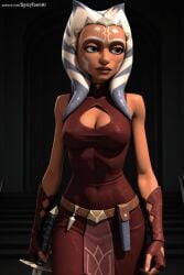 ahsoka_tano ai_generated animal_ears bare_shoulders belt blue_eyes breasts cat_ears cleavage cleavage_cutout clone_wars cowboy_shot female fingerless_gloves gloves hi_res high_quality high_resolution hood large_breasts lightsaber lips medium_breasts patreon seductive sexy sleeveless solo spicytoonai sword uncensored watermark weapon