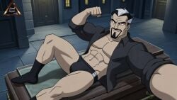 abdomen ai_art ai_generated bara black_socks briefs cartoon_character class_of_the_titans coffin cronos cronus daddy dilf flexing_muscles gay god greek_mythology manly muscles night open_clothes open_shirt pale-skinned_male pale_skin smile speedo underwear villain
