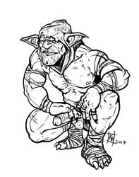 foot_wraps foreskin goblin goblin_male karhumies long_nails male male_only monochrome muscular nipples retracted_foreskin squatting styx_(of_orcs_and_men) styx_(video_game_series)