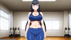 ai_generated black_hair blue_eyes blue_sports_bra breasts cleavage dumbbell exercise female gym hair_ornament hairclip indoors juliaverseai kill_la_kill kiryuuin_satsuki large_breasts long_hair looking_at_viewer meitabuu midriff navel pants smile solo sports_bra tattoo thick_eyebrows thigh_gap weights yoga_pants