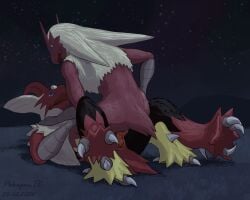 2026 3_claws animal_genitalia anthro anthro_on_anthro anthro_penetrated anthro_penetrating anthro_penetrating_anthro avian biped black_body black_feathers blaziken blue_eyes claws cloaca cloacal cloacal_penetration cloacal_penis digital_media_(artwork) duo erection feathers female female_on_top female_penetrated from_front_position generation_3_pokemon generation_6_pokemon genitals hi_res lying male male/female male_penetrating male_penetrating_female mega_blaziken mega_evolution night nintendo on_back on_top penetration penis pokegontc pokemon pokemon_(species) red_body red_feathers remake reverse_missionary_position seminal_groove sex sky spread_legs spreading spurs_(anatomy) star starry_sky tan_body tan_feathers yellow_body yellow_feathers yellow_sclera