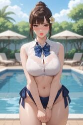 1girls ai_assisted ai_generated anime_style armpit_crease arms_down bangs belly_button bikini blurry_background blush bra_visible_through_clothes brunette_hair collared_shirt embarrassed eyelashes female flower_in_hair hair_bun hands_together light_skinned_female lipstick lounge_chair medium_breasts midriff outdoor_background palm_leaf patio_umbrella pelvic_line poolside rgomez007 schoolgirl shirt_pocket shy_expression shy_pose side-tie_bikini_bottom sidelocks sleeveless_shirt slender_body solo_female stable_diffusion standing swimming_pool thick_eyelashes thick_lips thick_thighs trees updo warm_lighting wide_hips wristwatch