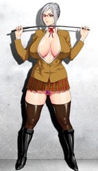 1girls ass ass_visible_through_thighs big_breasts black_boots boots choker cleavage female_only femdom glasses grey_hair holding_riding_crop hyji looking_at_viewer miniskirt no_bra open_shirt panties prison_school purple_panties riding_crop shadow shiraki_meiko tagme thick_thighs thighhighs whip white_background