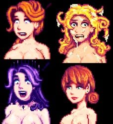 4girls abigail_(stardew_valley) breasts cleavage crying cum cum_on_face cum_on_hair embarrassed embarrassed_nude_female enf exposed exposed_breasts haley_(stardew_valley) humiliation large_breasts leah_(stardew_valley) multiple_girls naked nipples nude penny_(stardew_valley) pixel_art portrait shocked stardew_valley surprised topless