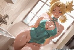 ai_generated ass_visible_through_thighs blonde_hair blush boruto:naruto_next_generations breasts cleavage closed_mouth covered_navel dutch_angle faucet female green_eyes halterneck indoors large_breasts looking_at_viewer meitabuu naruto naruto(series) naruto_shippuden one-piece_swimsuit parted_bangs quad_tails smile solo steam swimsuit temari thigh_gap twintails water window
