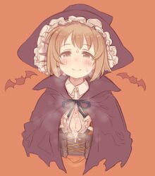 7010 after_paizuri black_cloak blush breasts breath brown_eyes brown_hair button_gap cleavage cloak commentary_request cum cum_on_body cum_on_breasts cum_on_upper_body cumdrip eyebrows_visible_through_hair fangs female halloween halloween_costume hat idolmaster idolmaster_cinderella_girls looking_at_viewer medium_breasts mimura_kanako orange_background shirt short_hair simple_background smile solo sweat upper_body white_shirt witch_hat