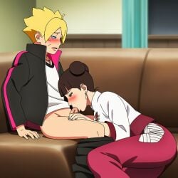 1boy 1girls adult_and_teenager age_difference ai_generated blonde_hair blowjob boruto:_naruto_next_generations brown_hair cock_worship couch couple double_bun female indoors living_room male mature_female milf older_female_and_younger_male oral penis penis_in_mouth sex straight sucking sucking_penis tenten uncensored uzumaki_boruto worship