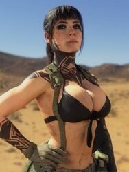 1girls 3:4 3d alt_girl big_breasts black_hair breasts brown_hair call_of_duty call_of_duty_black_ops_7 cleavage cosplay curvaceous curvy curvy_figure cyberpunk_girl desert desert_background dirt dirty dirty_body emma_kagan female female_only gloves hips kiernan_shipka large_breasts light-skinned_female light_skin mature mature_female metal_gear metal_gear_solid metal_gear_solid_v ponytail quiet_(metal_gear)_(cosplay) slim_waist tattoo thick thick_hips treyarch voluptuous waist wide_hips word2
