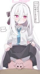 ... absurdres aid! black_skirt blue_archive blue_necktie blush clothes_lift commentary do_you_want_to_pet_my_cat_(meme) female hair_between_eyes halo highres kei_(blue_archive) kei_(new_body)_(blue_archive) lifting_own_clothes long_hair meme necktie shirt short_sleeves simple_background skirt skirt_lift solo translated white_background white_hair white_shirt